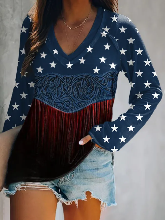 Women's Independence Day Fake Tassel Print V-Neck Long Sleeve T-Shirt