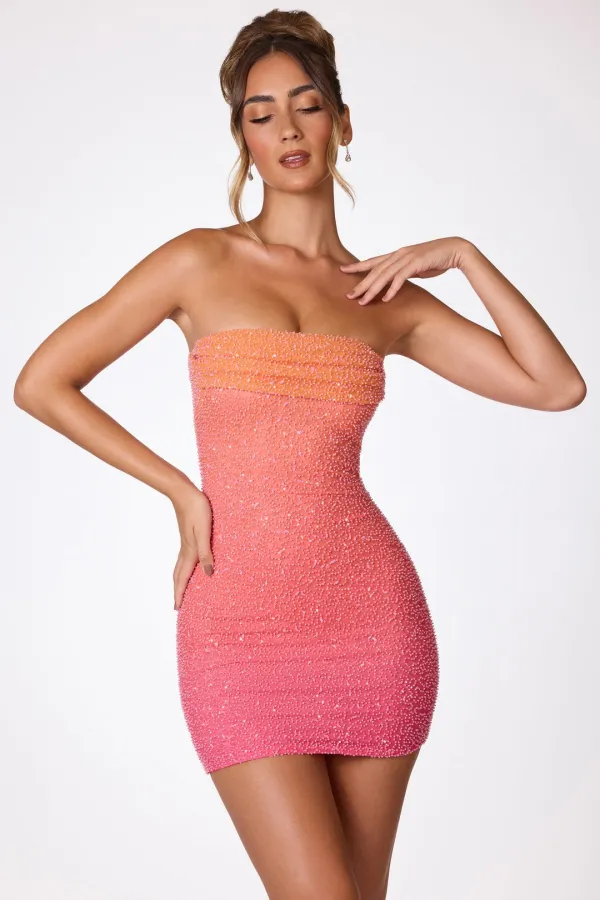 Embellished Strapless Mini Dress - Reddish Orange