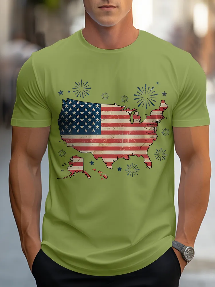 Man'S Fireworks And National Flag Round-Neck Short-Sleeved T-Shirt