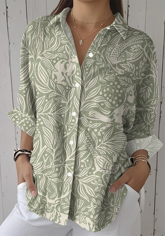 Women's Casual Vintage Floral Print Cotton and Linen Long Sleeve Shirt
