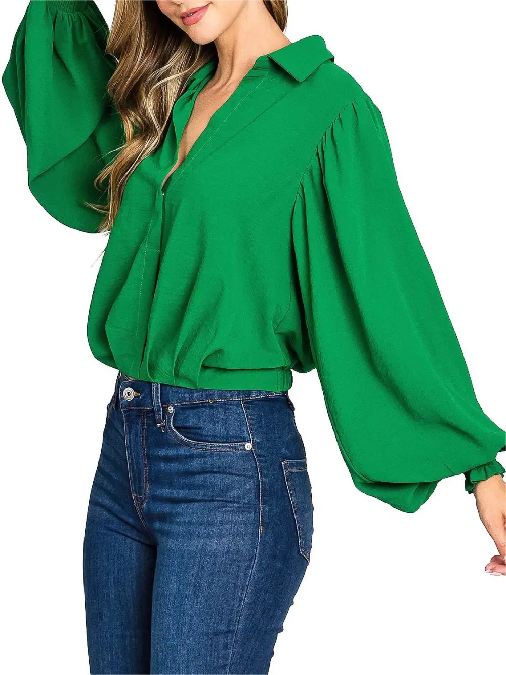 Emerald Green Puff - Sleeve Blouse