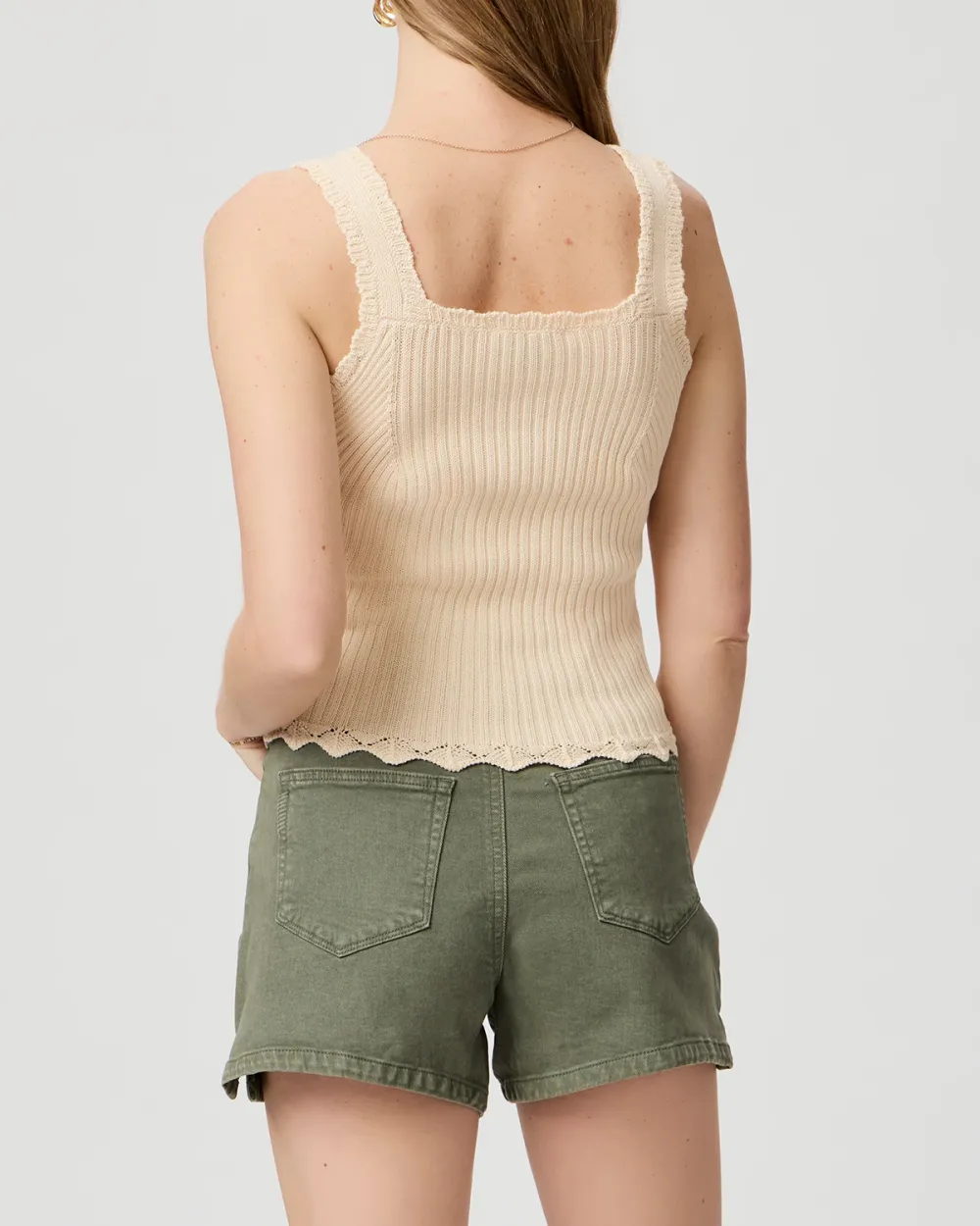 Beige Ribbed V Neck Cropped Tank Top