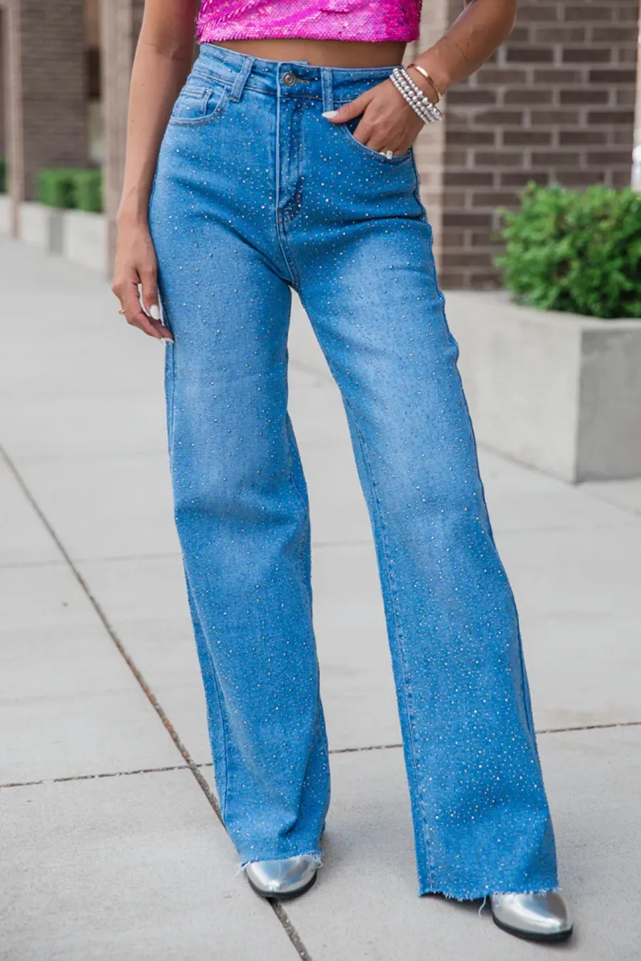 Medium Wash Rhinestone Detail Wide Leg Jeans