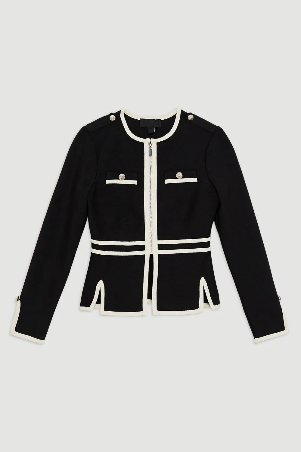 Military Contrast Piping Knit Split Hem Jacket