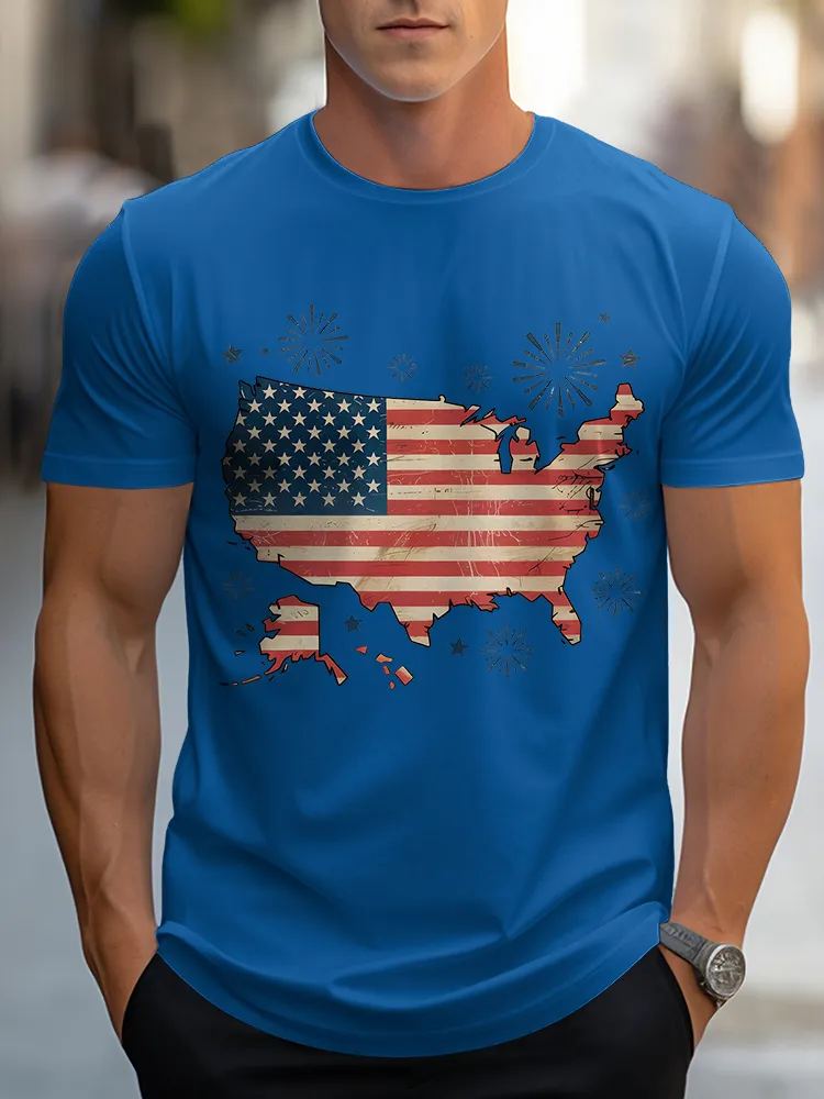 Man'S Fireworks And National Flag Round-Neck Short-Sleeved T-Shirt