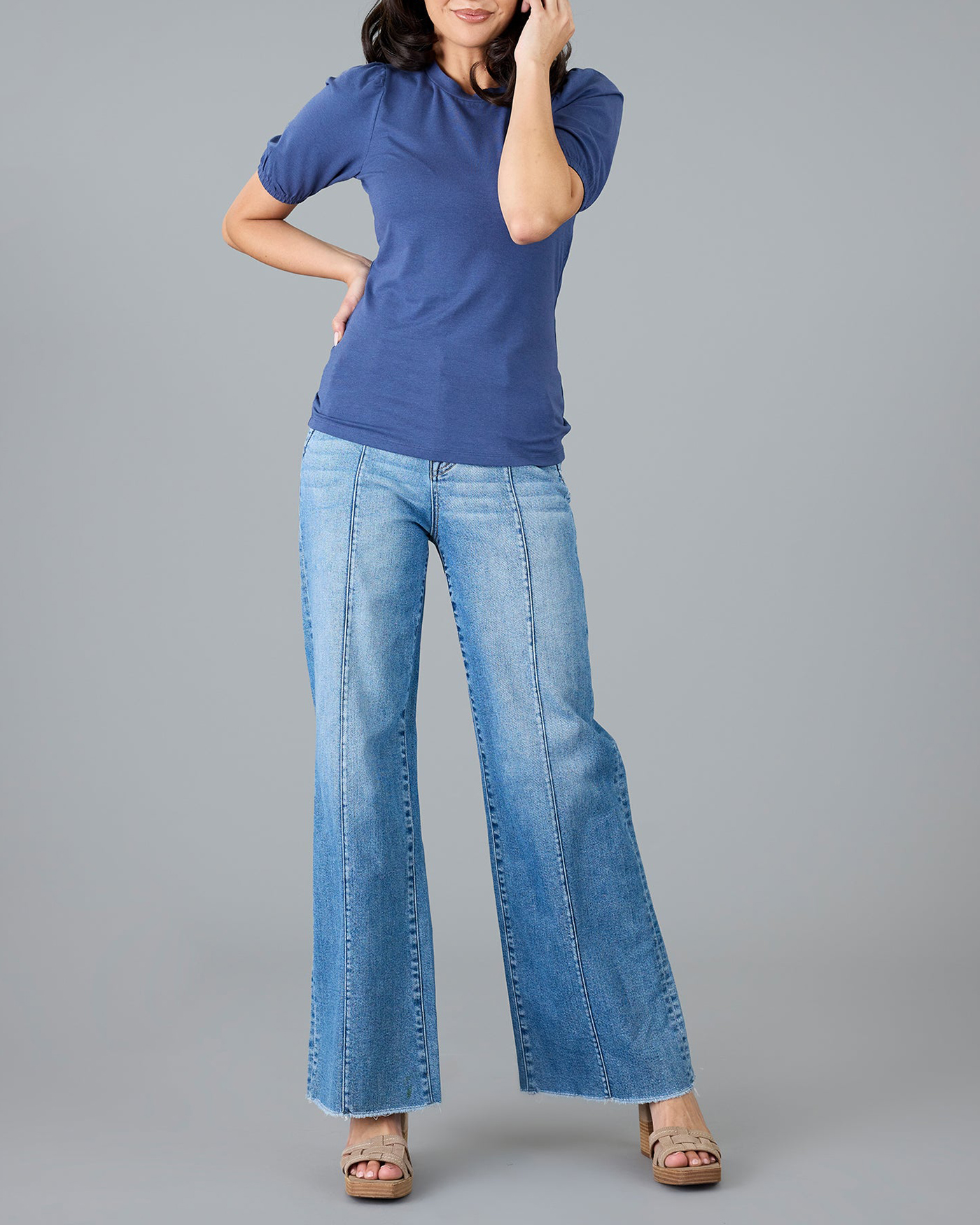 Fashionable Indigo Puff Sleeve Casual Blouse