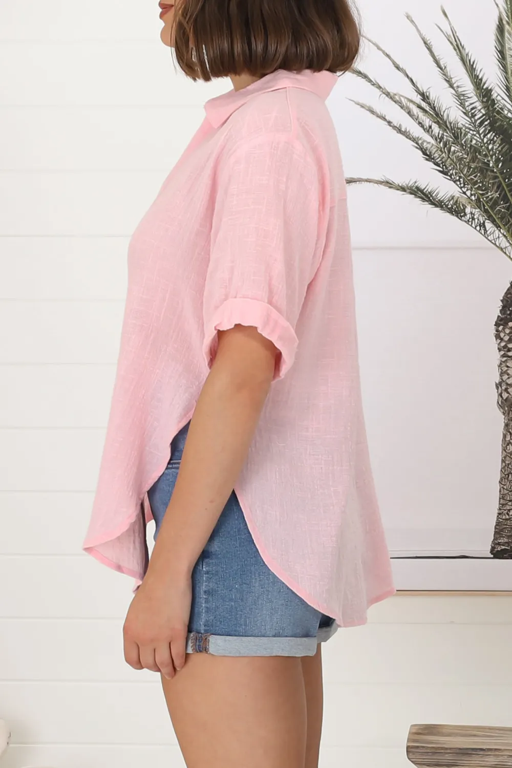 Pink Linen Short Sleeve Button Down Shirt