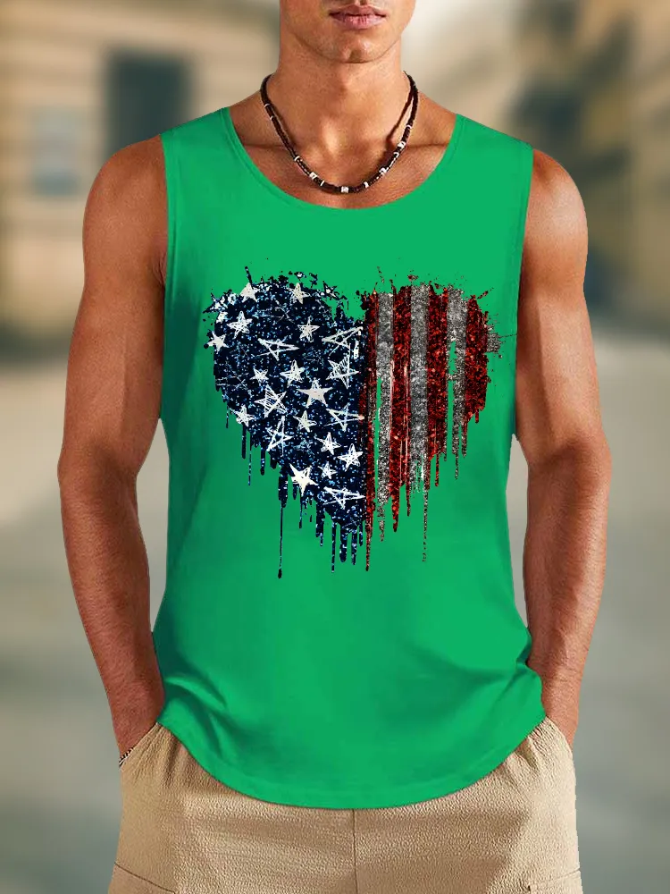 Men'S Stars And Stripes Heart-Shaped Print Round-Necked Sleeveless Vest
