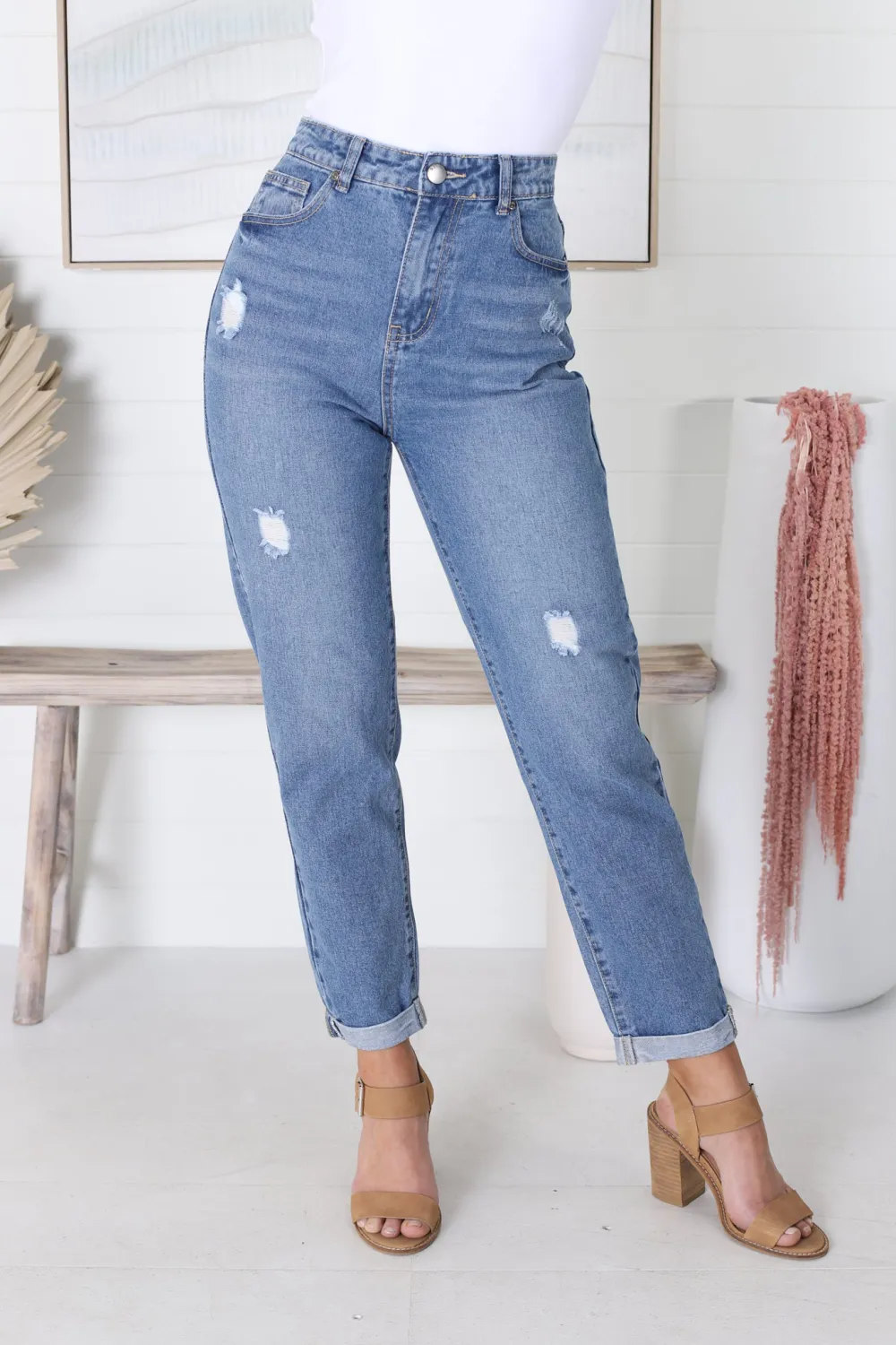 High Waisted Distressed Straight Leg Folded Cuff Jeans