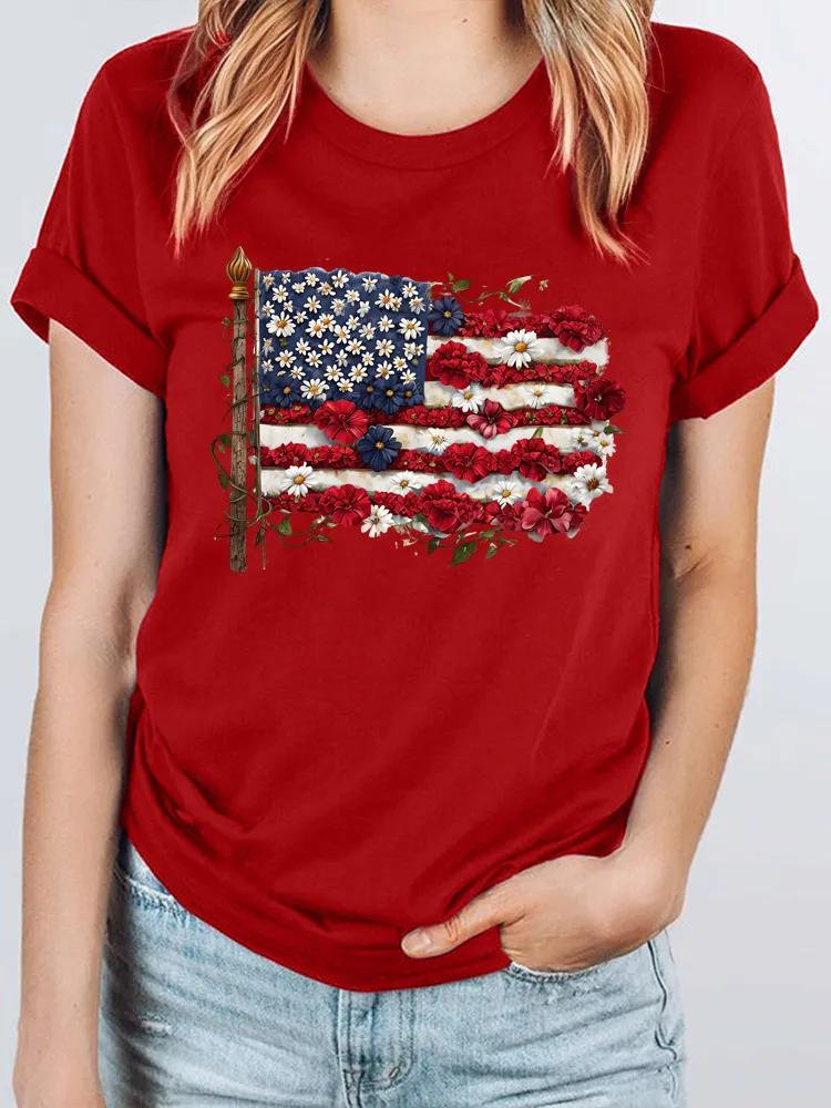 Woman'S Independence Day Floral Flag Print Short-Sleeved T-Shirt