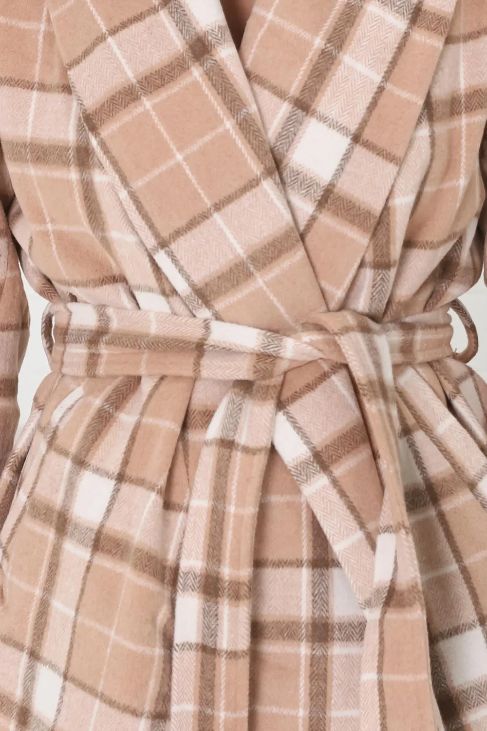 Beige Plaid Belted Wrap Jacket