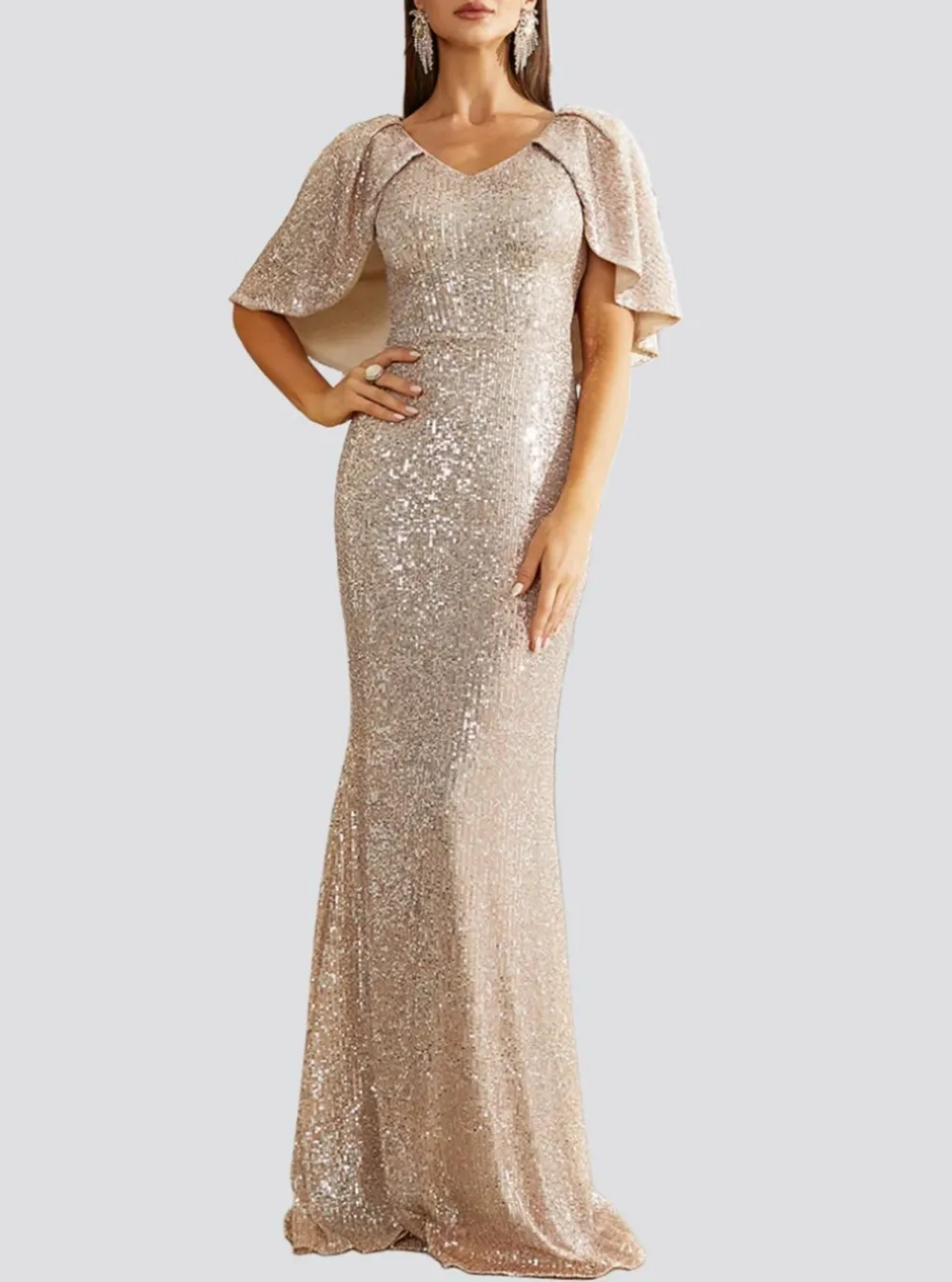 Puncho Back Puff Sleeve Sequin Evening Dress