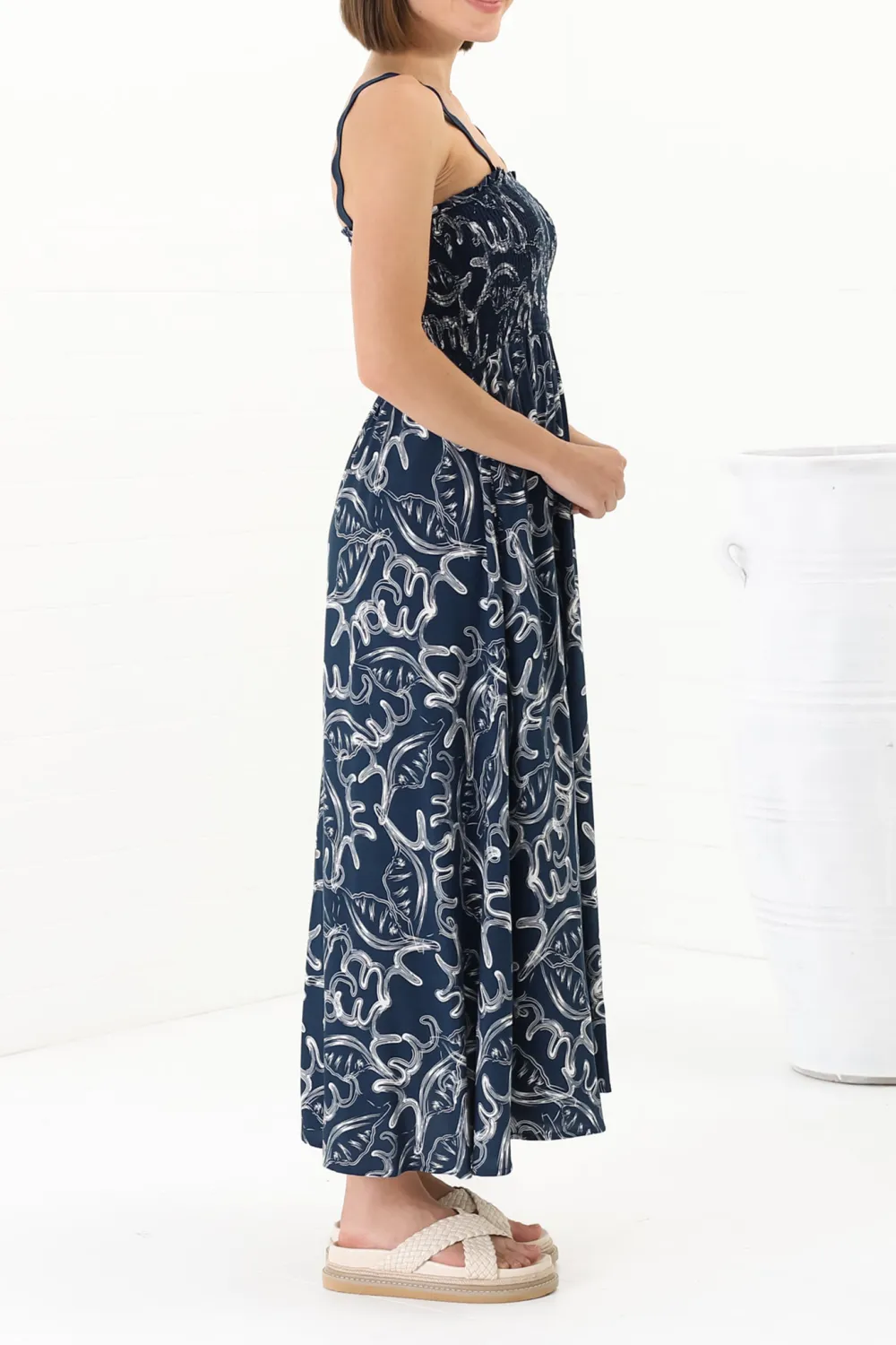 Navy Blue Patterned Scallop Strap Maxi Dress
