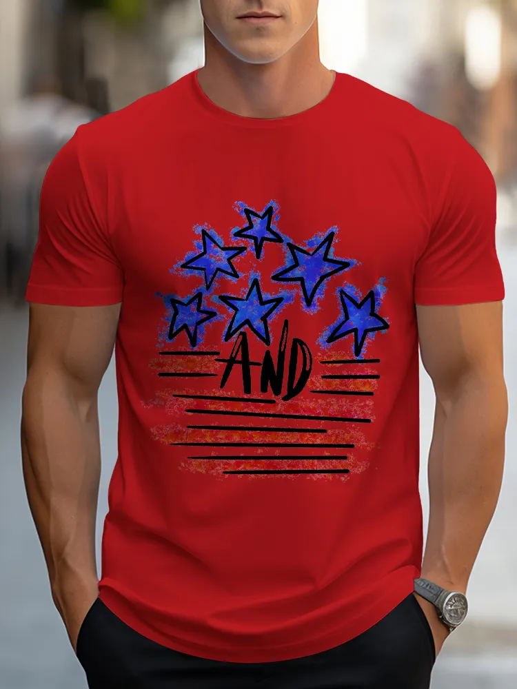 Man'S Star And Striped Prints Round-Neck Short-Sleeved T-Shirt