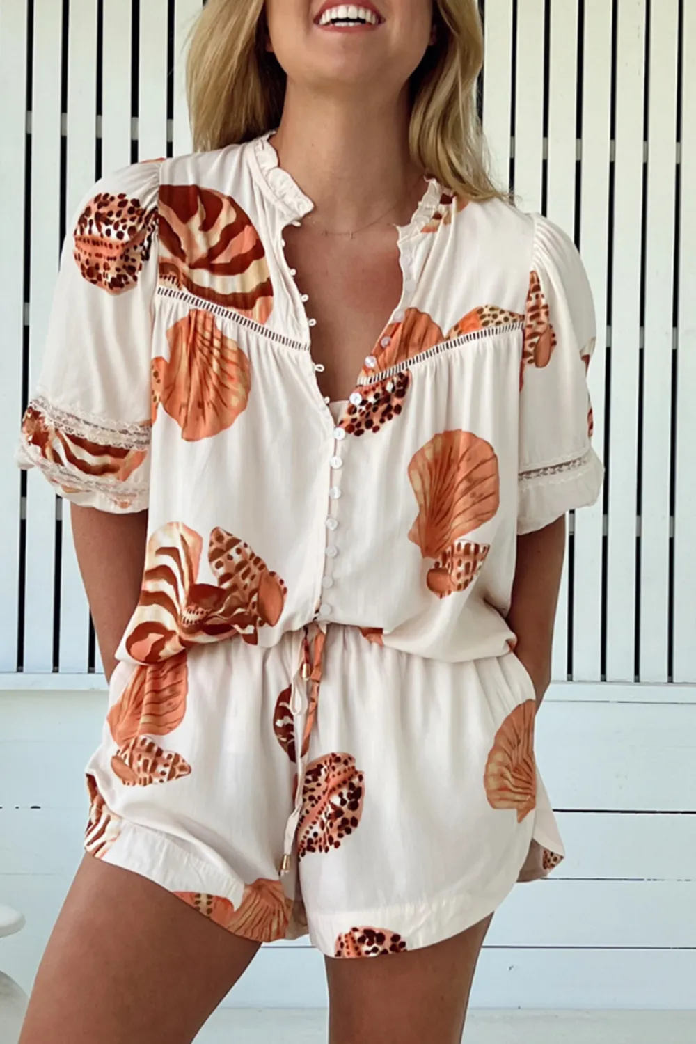 Cream Shell Print Short Sleeve V Neck Blouse