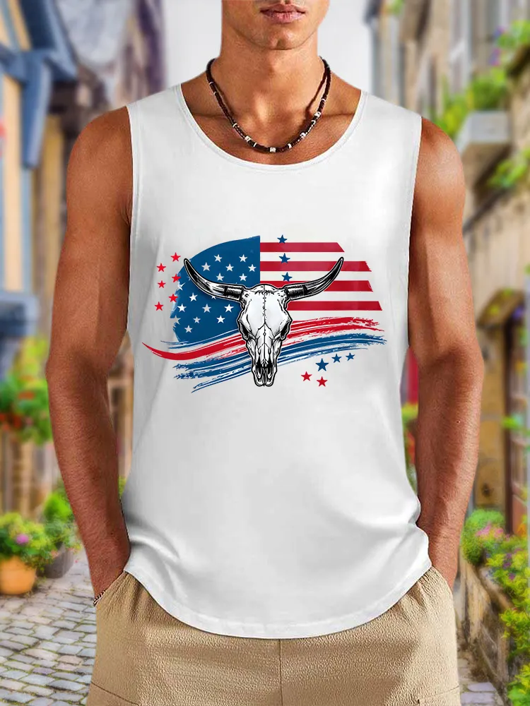 Men'S National Flag And Bull Head Print Round-Necked Sleeveless Vest