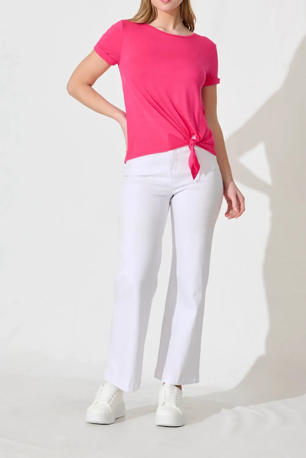 Pink Tie Front Short Sleeve Casual Top