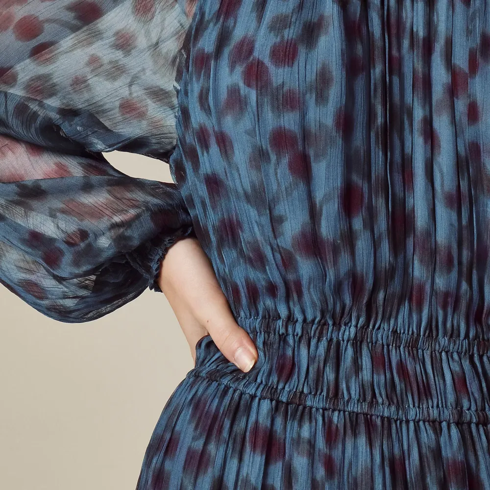 Crinkle chiffon sheer long-sleeve dress in Black Watch tartan