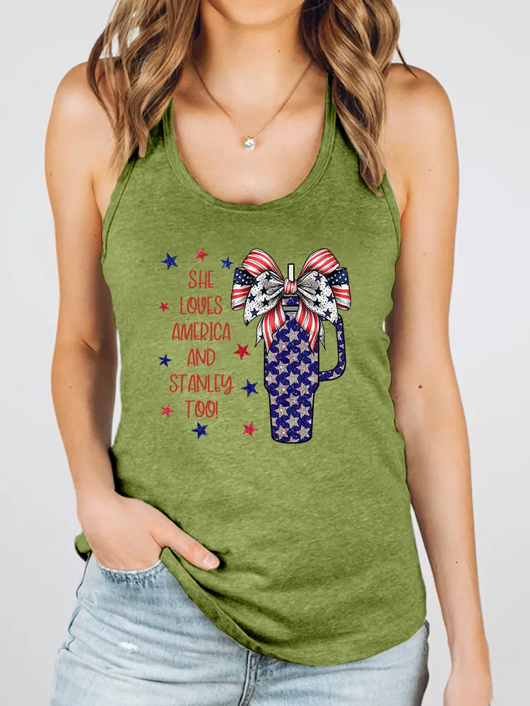 Women'S She Loues America And Stanley Too Print Round-Necked Sleeveless Vest