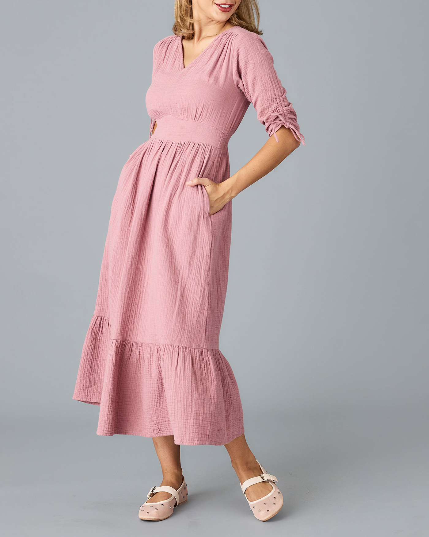 Pink Side Pockets Midi Dress