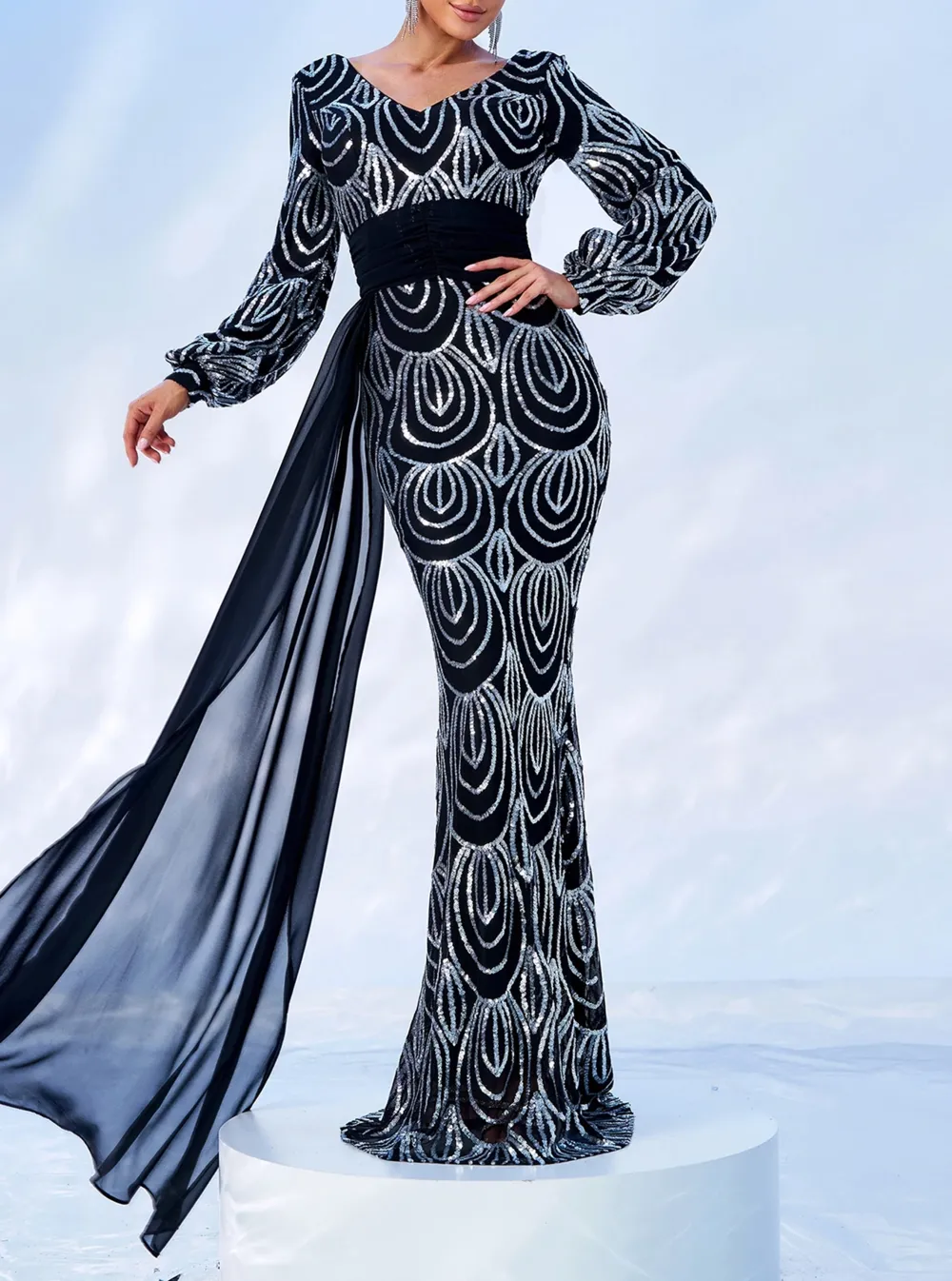 Formal Draping Sequin Long Sleeve Dress