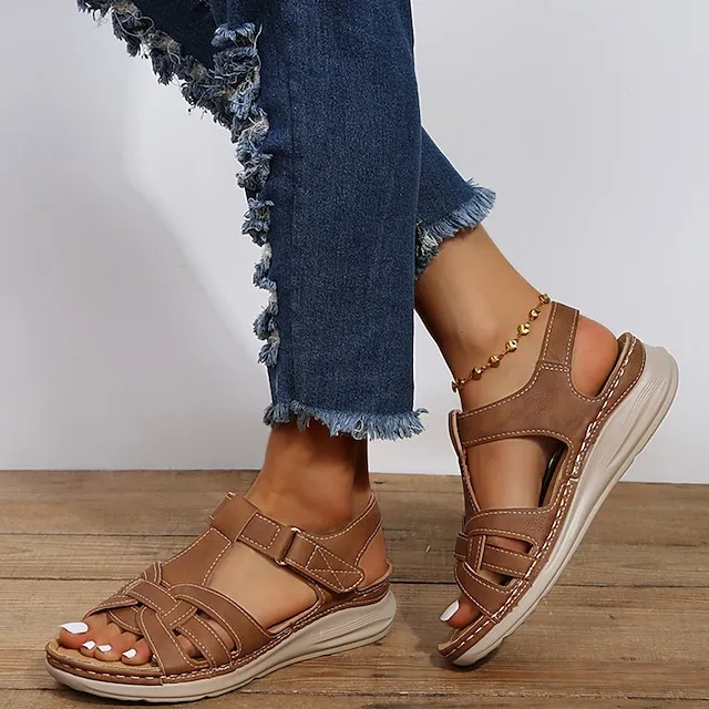 Women's Sandals Wedge Sandals Comfort Shoes Plus Size Outdoor Daily Beach Summer Flat Heel Open Toe Vintage Classic Casual Walking Shoes Faux Leather Magic Tape Solid Color Solid Colored Black Brown