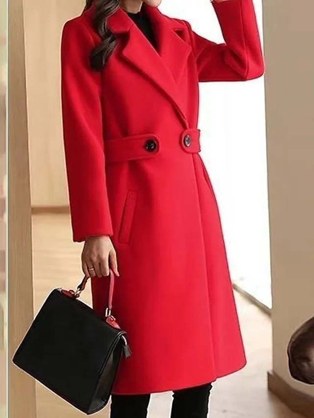 Women's Winter Coat Long Pea Coat Lapel Fall Warm Overcoat Maillard Windproof Warm Outerwear with Pockets Trench Coat Comtemporary Stylish Casual Jacket Long Sleeve Red Camel Brown