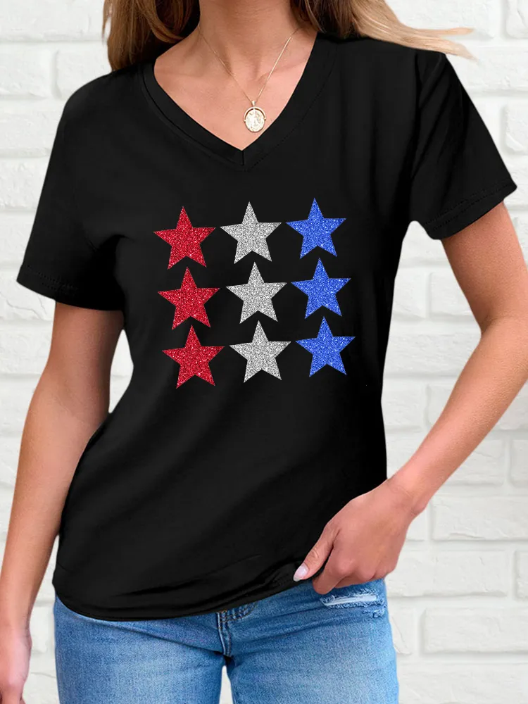 Woman'S Star Print V-Neck And Short Sleeves T-Shirt