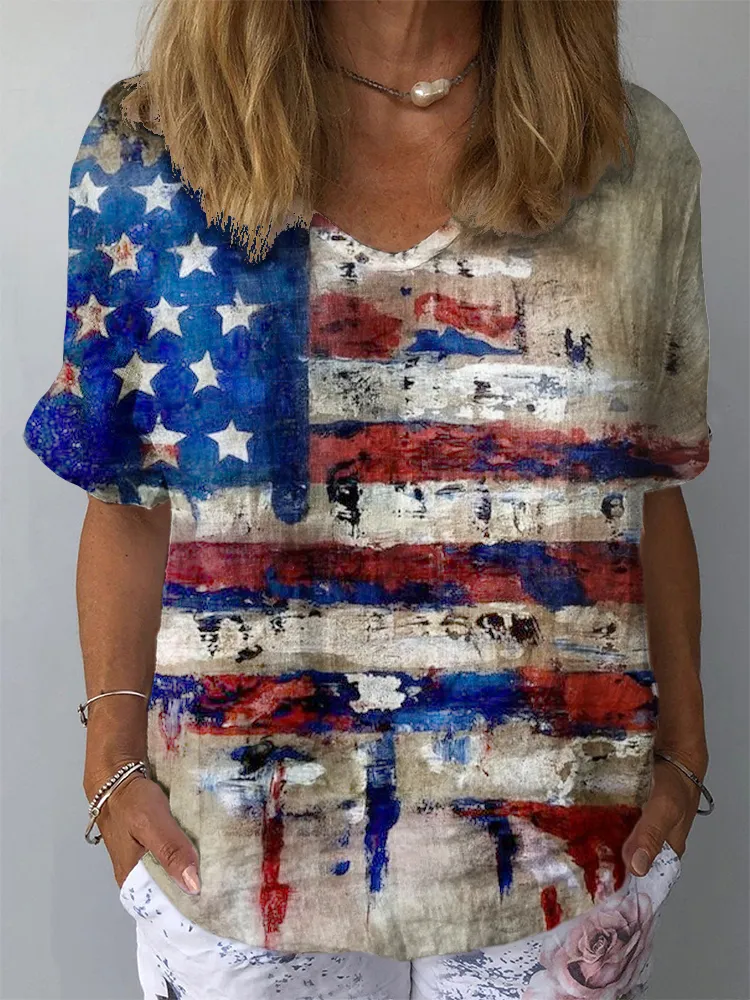 Women'S Independence Day V-Neck Short-Sleeve Shirt