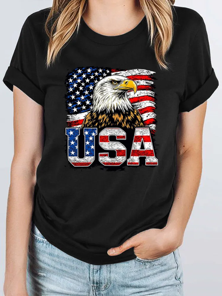 USA Print Round-Neck Short-Sleeved T-Shirt