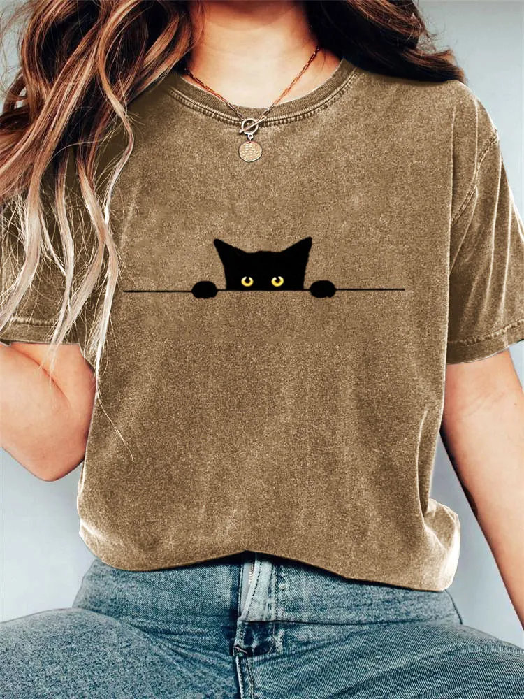Women's Casual Funny Black Cat Print T-shirt