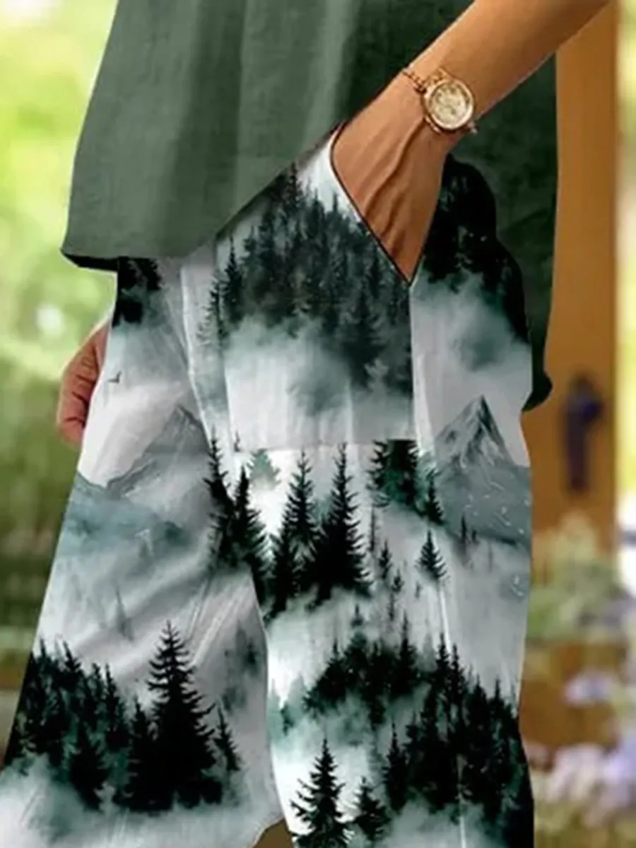 Women's Forest Floral Print Casual Pants (With Pockets)