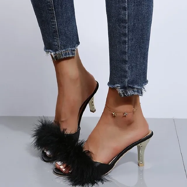 Women's Sandals Furry Feather High Heel Pointed Toe Faux Fur PU Loafer Solid Colored Black Rosy Pink Beige