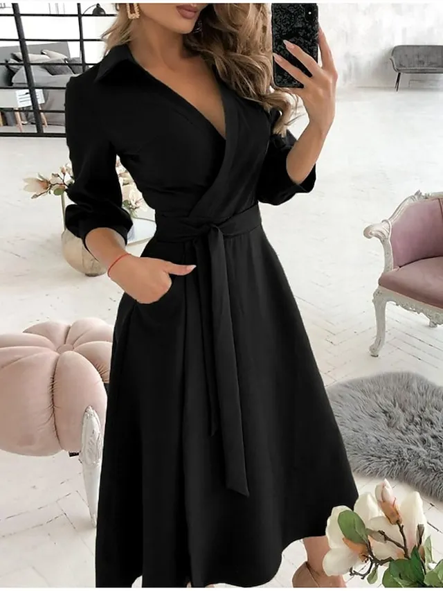 Women‘s A Line Dress Midi Dress Tie dye Letter printing Butterfly print Big wave point Small dots Diamond printing Black khaki Sky Blue Red Long Sleeve Print Butterfly Pure Color Lace up Pocket