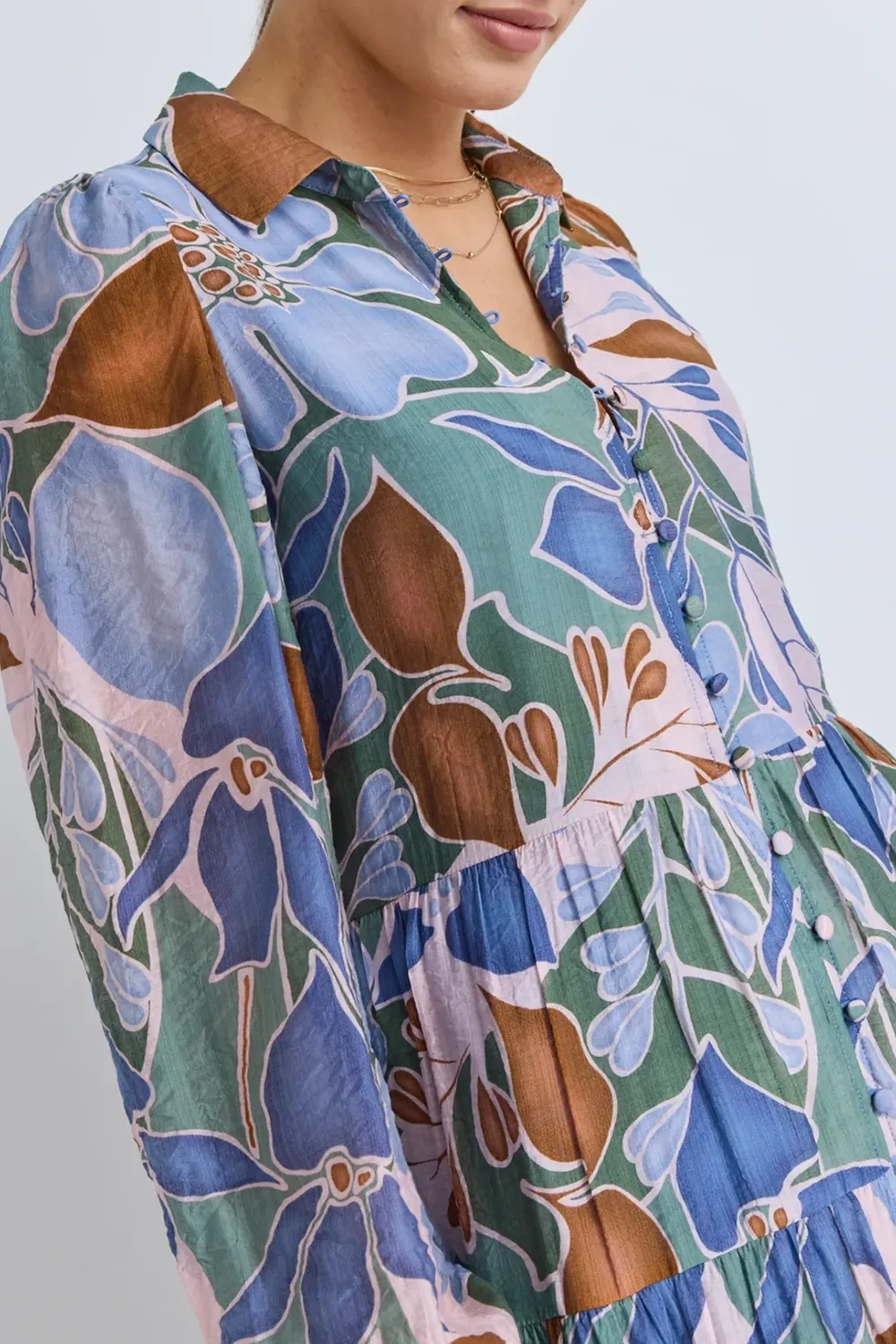 Khaki Floral Long Sleeve Tiered Shirt Maxi Dress
