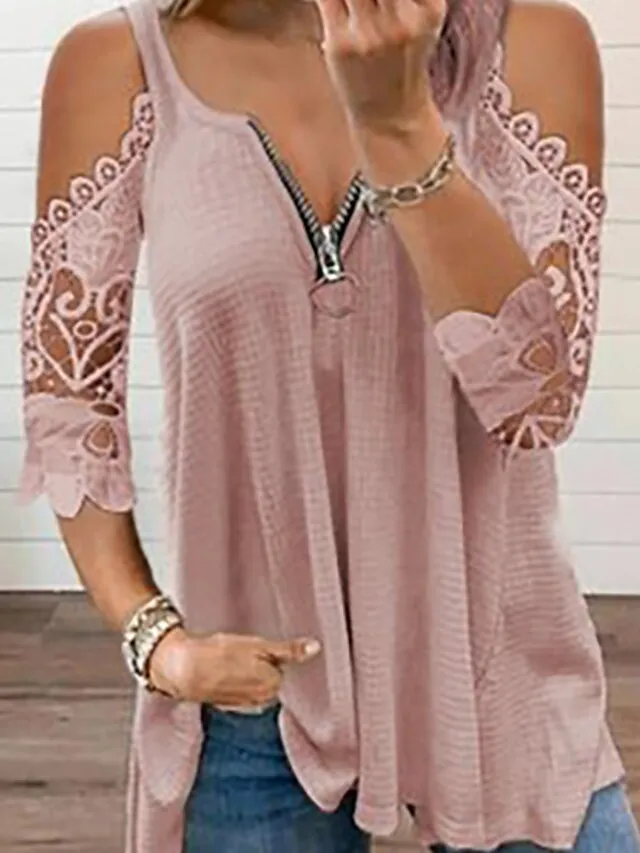 Women's Shirt Blouse Eyelet top Black White Pink Plain Lace Zipper Half Sleeve Holiday Weekend Basic Streetwear V Neck Regular S