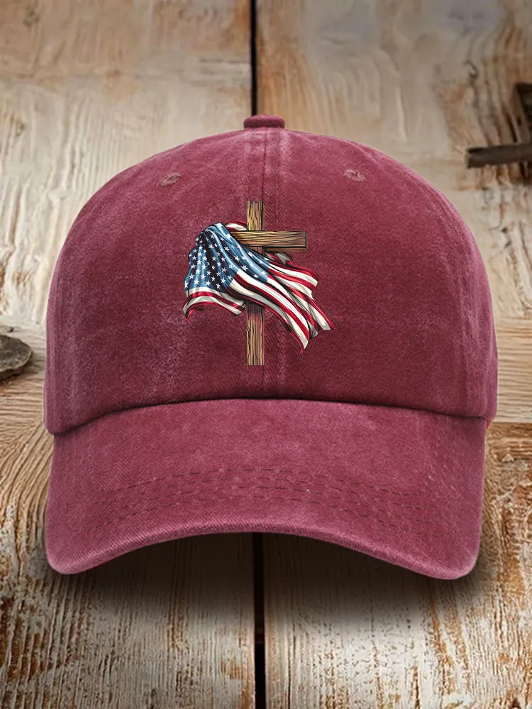 The Stars And Stripes And The Cross Print Washed Baseball Cap