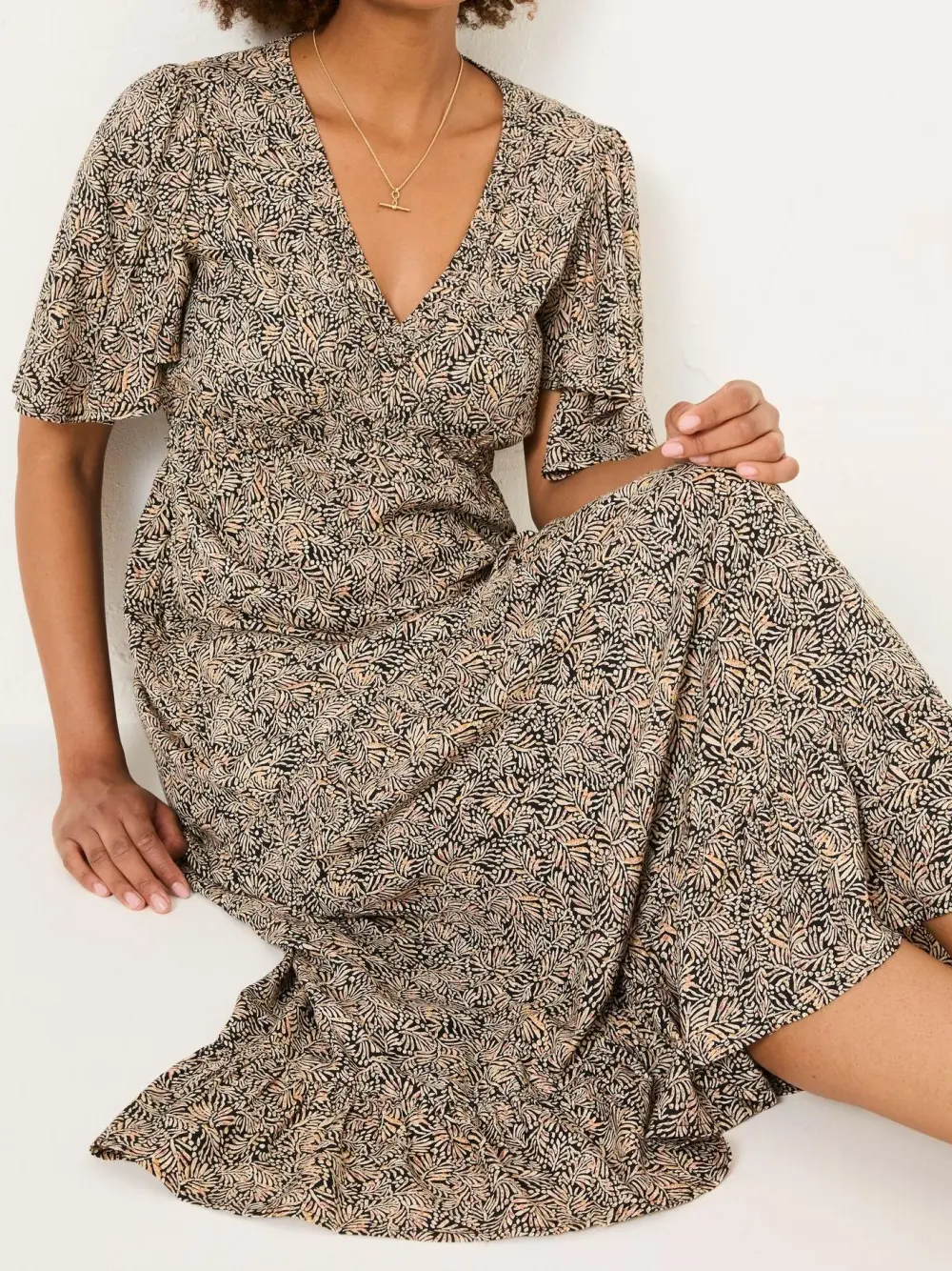 Black Floral Waist Tie Midi Dress