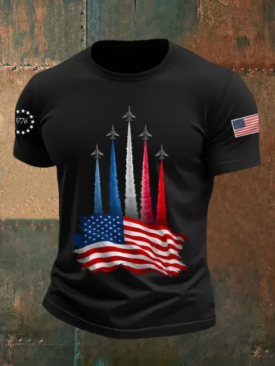 Men'S Airplane Smoke And Stars And Stripes Prints Crew Neck Short Sleeve T-Shirt