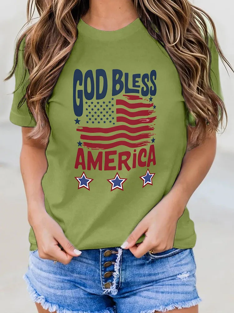 Woman'S God Bless America Round-Neck Short-Sleeved T-Shirt
