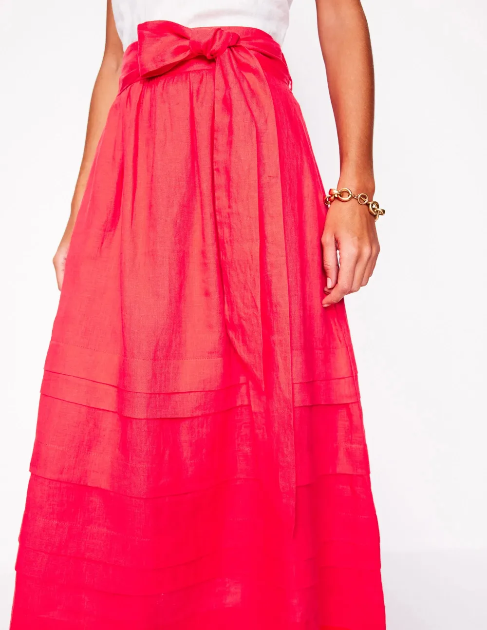 Coral Red Tiered Linen Midi Skirt