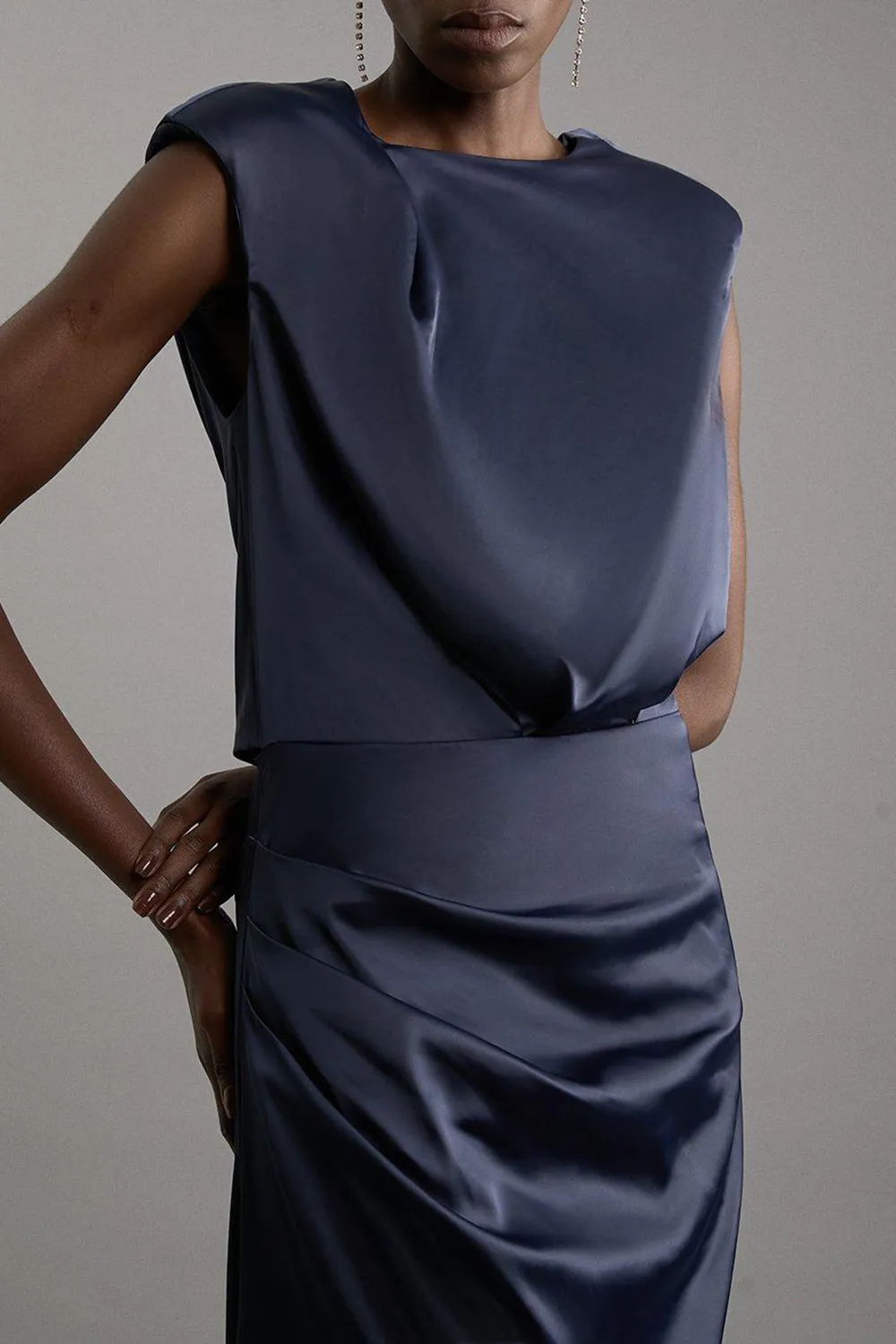 High Neck Sleeveless Satin Drape Woven Midaxi Dress