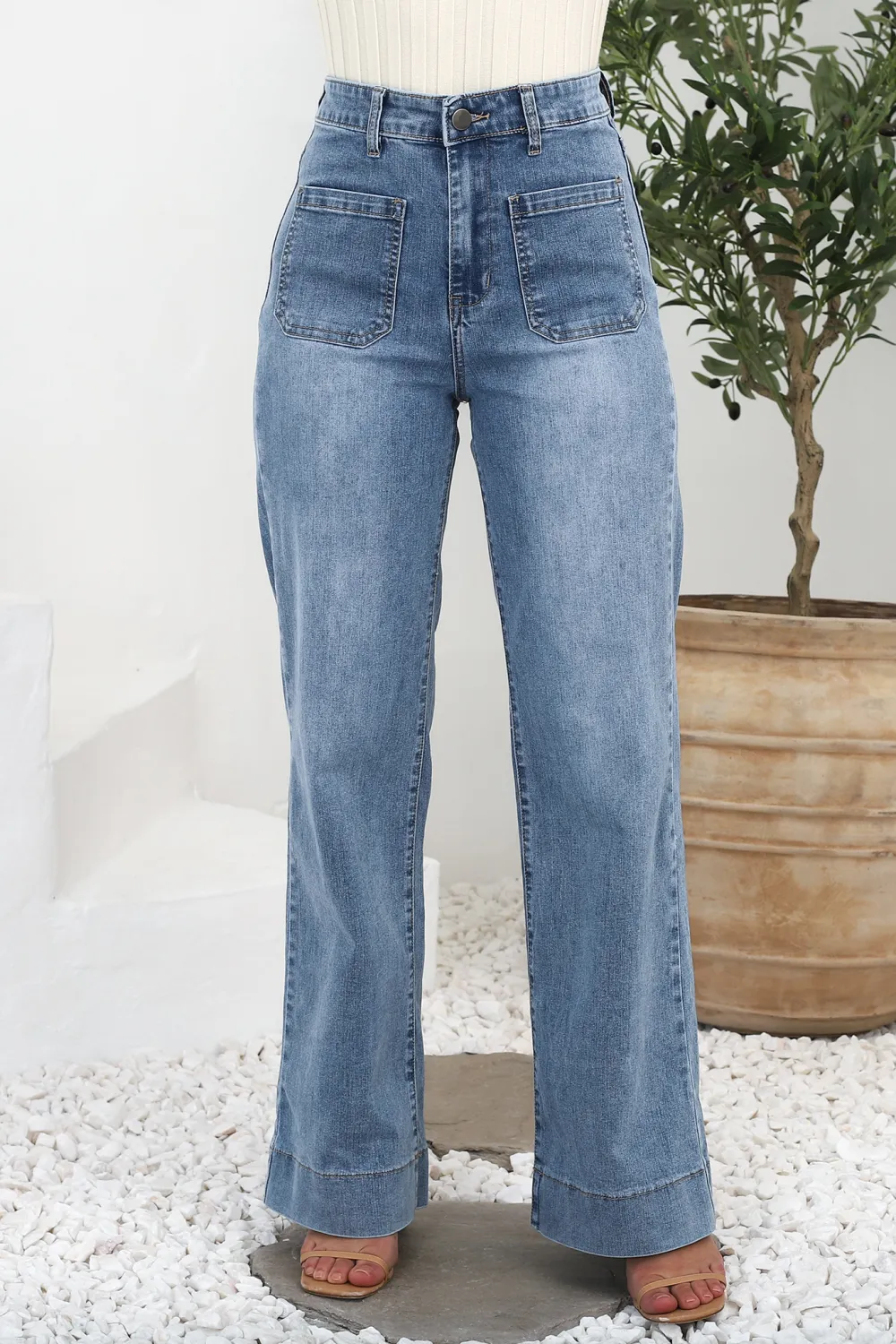 Blue High Waisted Wide Leg Denim Jeans