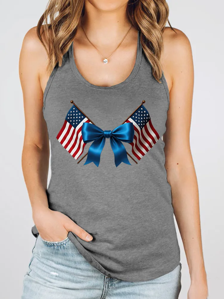 Women'S Stars And Stripes Bow Print Round-Necked Sleeveless Vest
