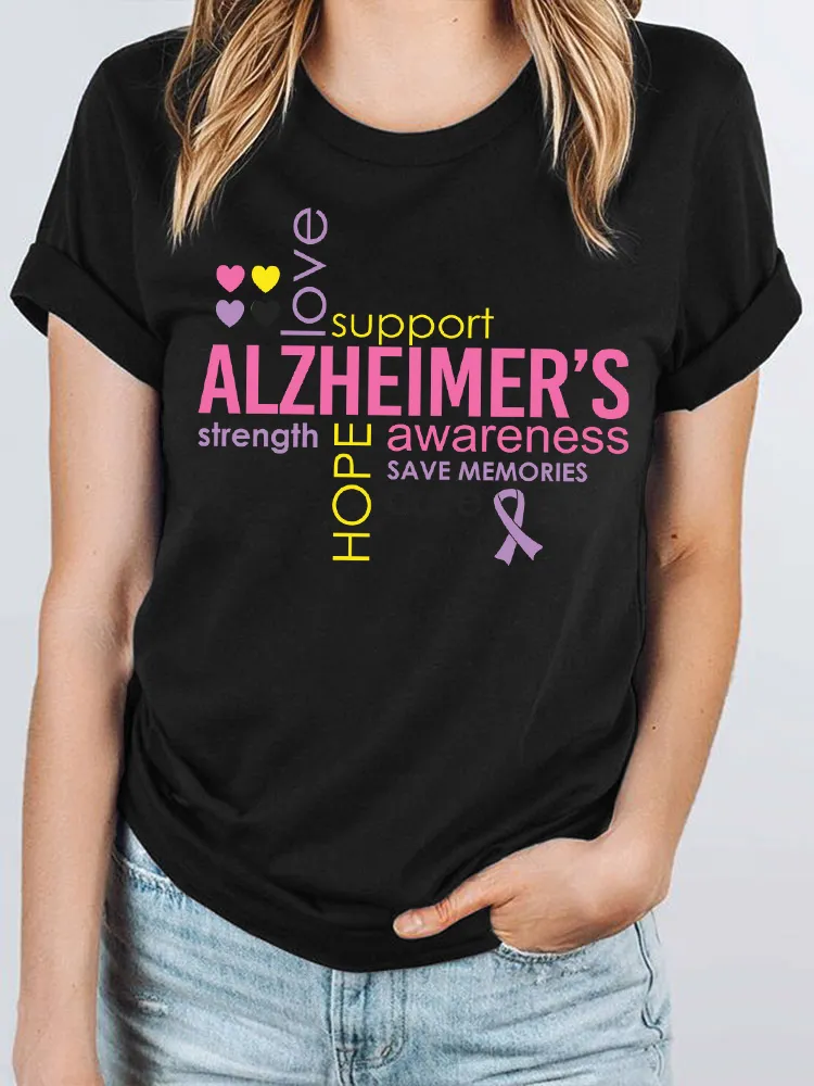 Women'S Love Support Alzheimer'S Strength Hope Awareness Save Memories Cure Round-Neck Short-Sleeved T-Shirt