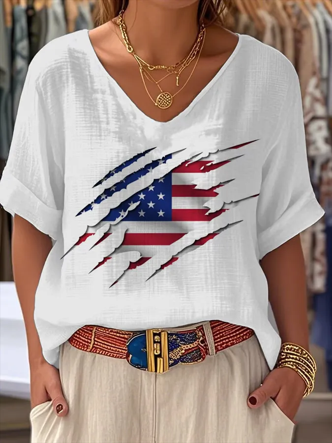 Women'S Damaged Stars And Stripes Print V-Neck Short-Sleeved Shirt