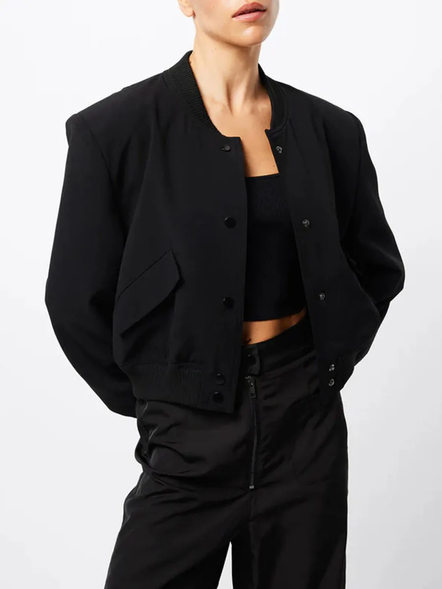 Black Cropped Button Front Bomber
