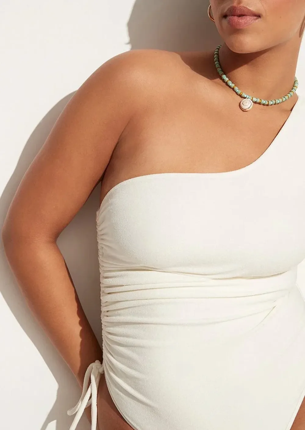 White One Shoulder Drawstring Swim