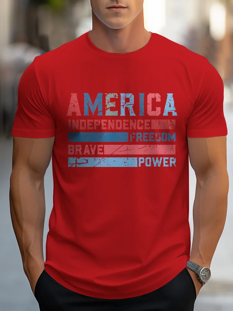 Man'S America Independence Freedom Brave Power Round-Neck Short-Sleeved T-Shirt