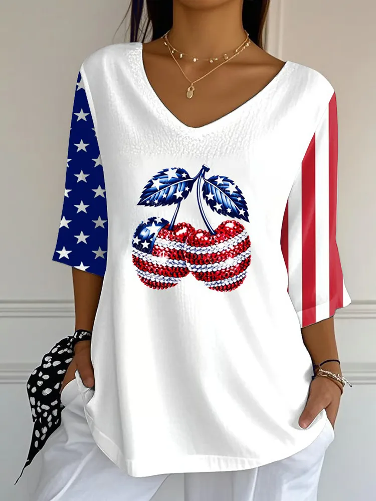 Women'S Summer Independence Day American Flag Rhinestone Cherry Print Long Striped T-Shirt